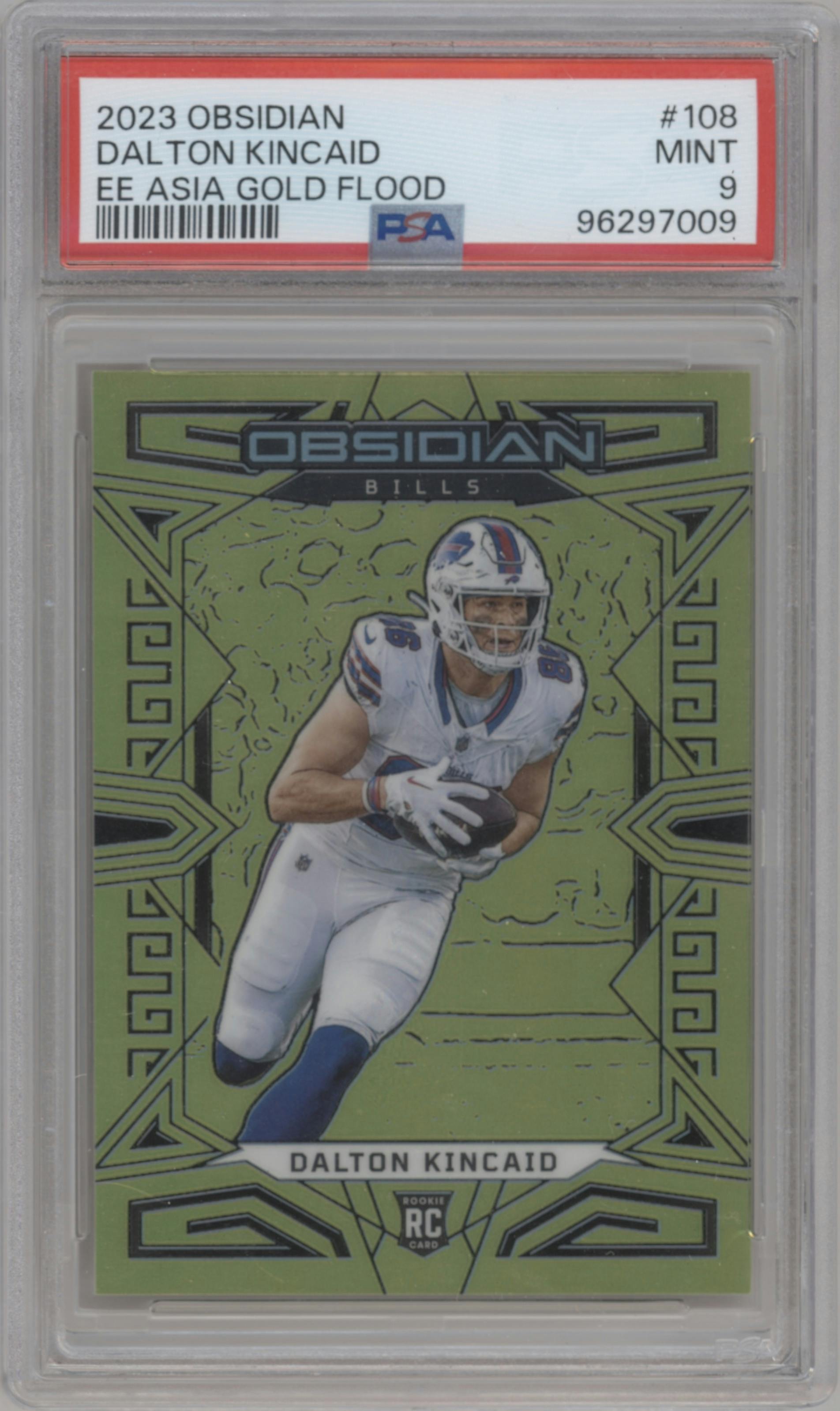 Dalton Kincaid  from the 2023 Panini Obsidian set featuring a Electric Etch Gold Flood Asia parallel graded by PSA and given an overall grade of 9.