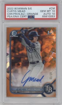 Curtis Mead from the 2022 Bowman Sapphire Edition set featuring a Orange parallel graded by PSA and given an overall grade of 10.
