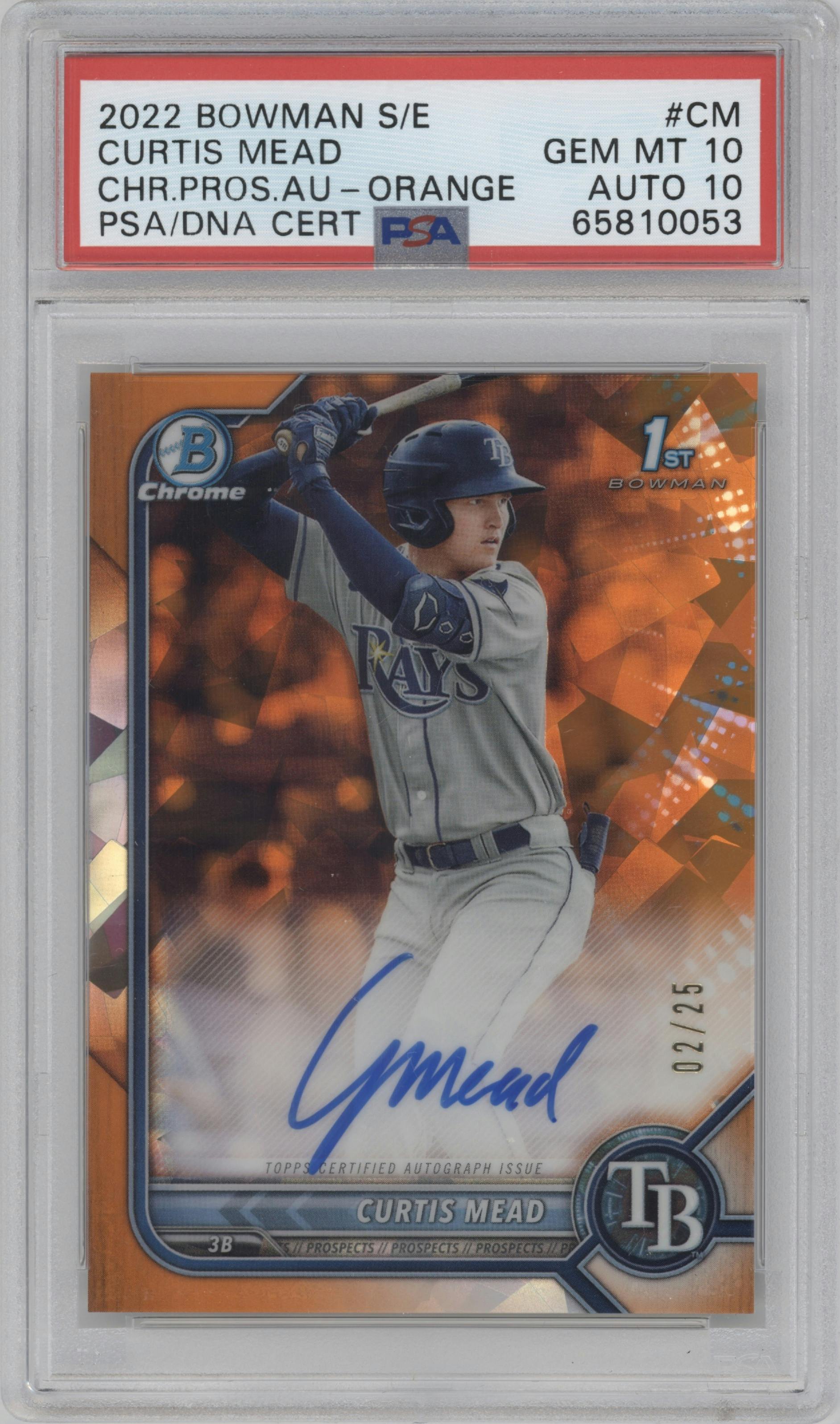 Curtis Mead from the 2022 Bowman Sapphire Edition set featuring a Orange parallel graded by PSA and given an overall grade of 10.
