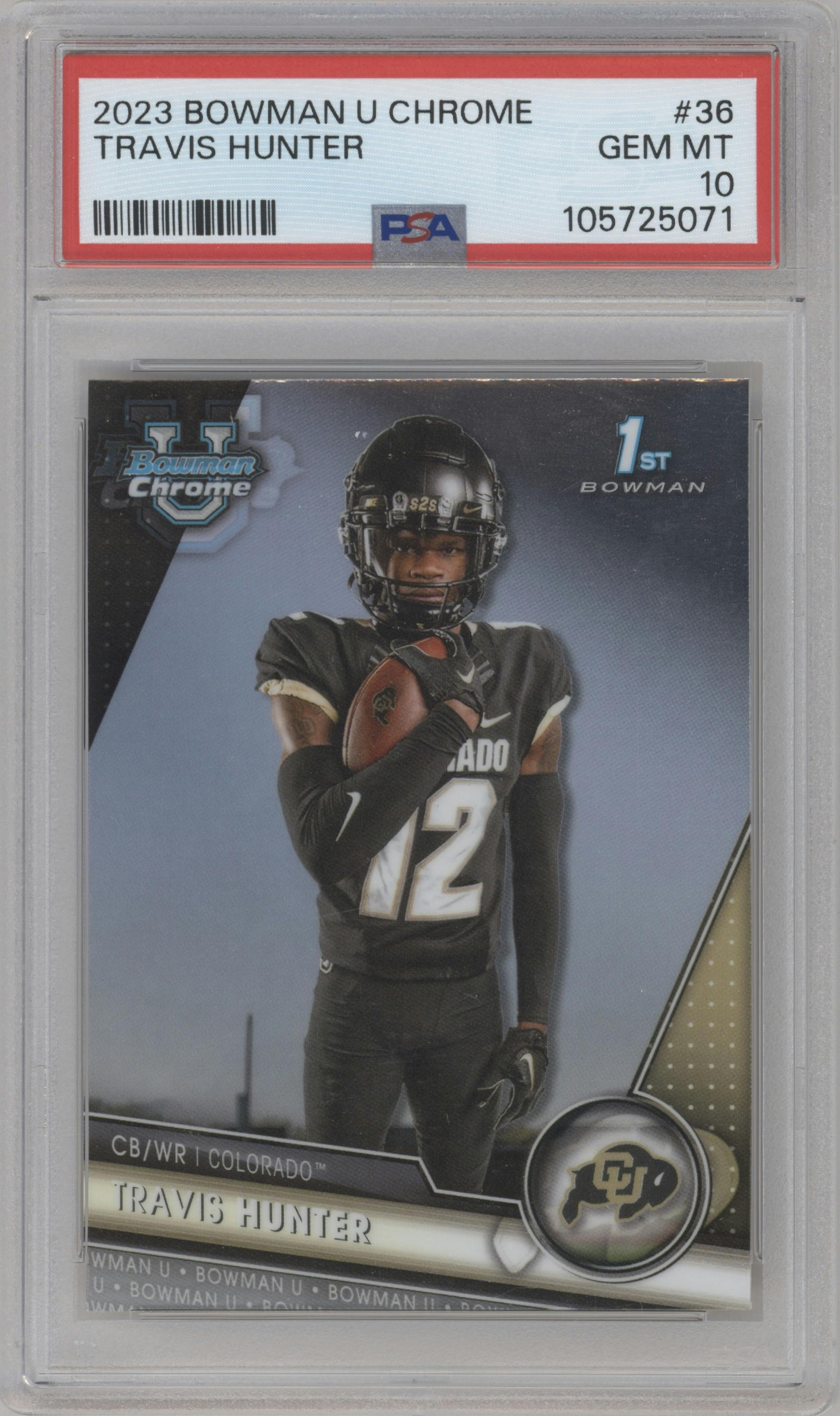 Travis Hunter  from the 2023 Bowman Chrome University set graded by PSA and given an overall grade of 10.