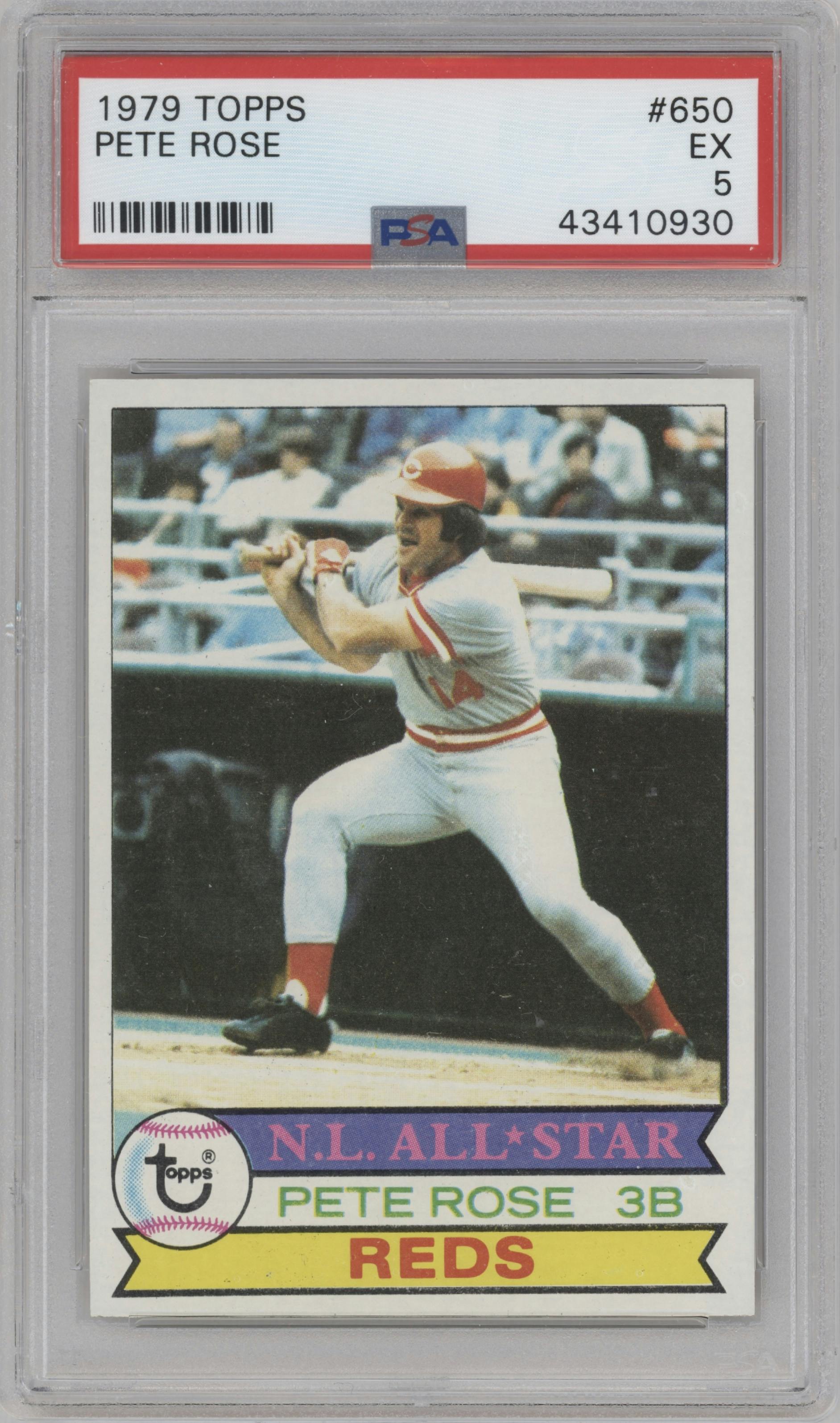 Pete Rose from the 1979 Topps set graded by PSA and given an overall grade of 5.