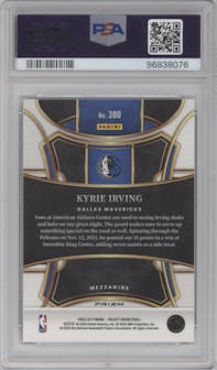 Kyrie Irving from the 2023-24 Panini Select  set featuring a Zebra Prizm parallel graded by PSA and given an overall grade of 10.