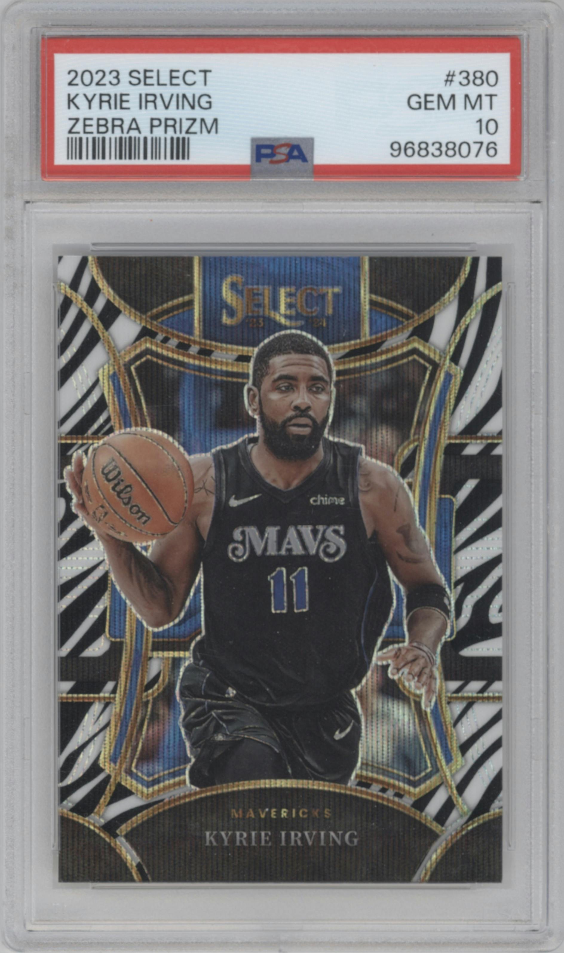 Kyrie Irving from the 2023-24 Panini Select  set featuring a Zebra Prizm parallel graded by PSA and given an overall grade of 10.