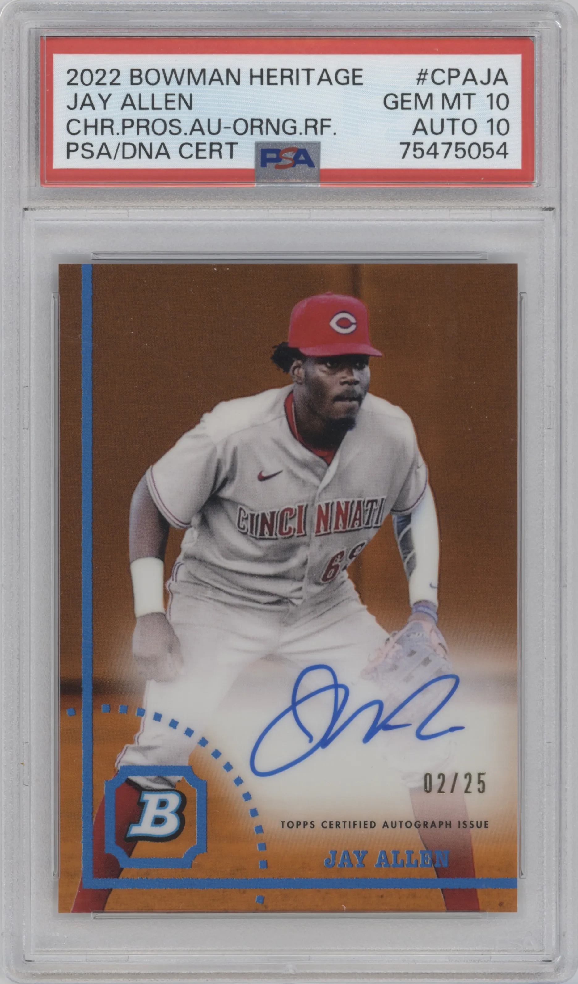 2022 Bowman Heritage Chr.Pros.Auto Jay Allen Orange PSA 10