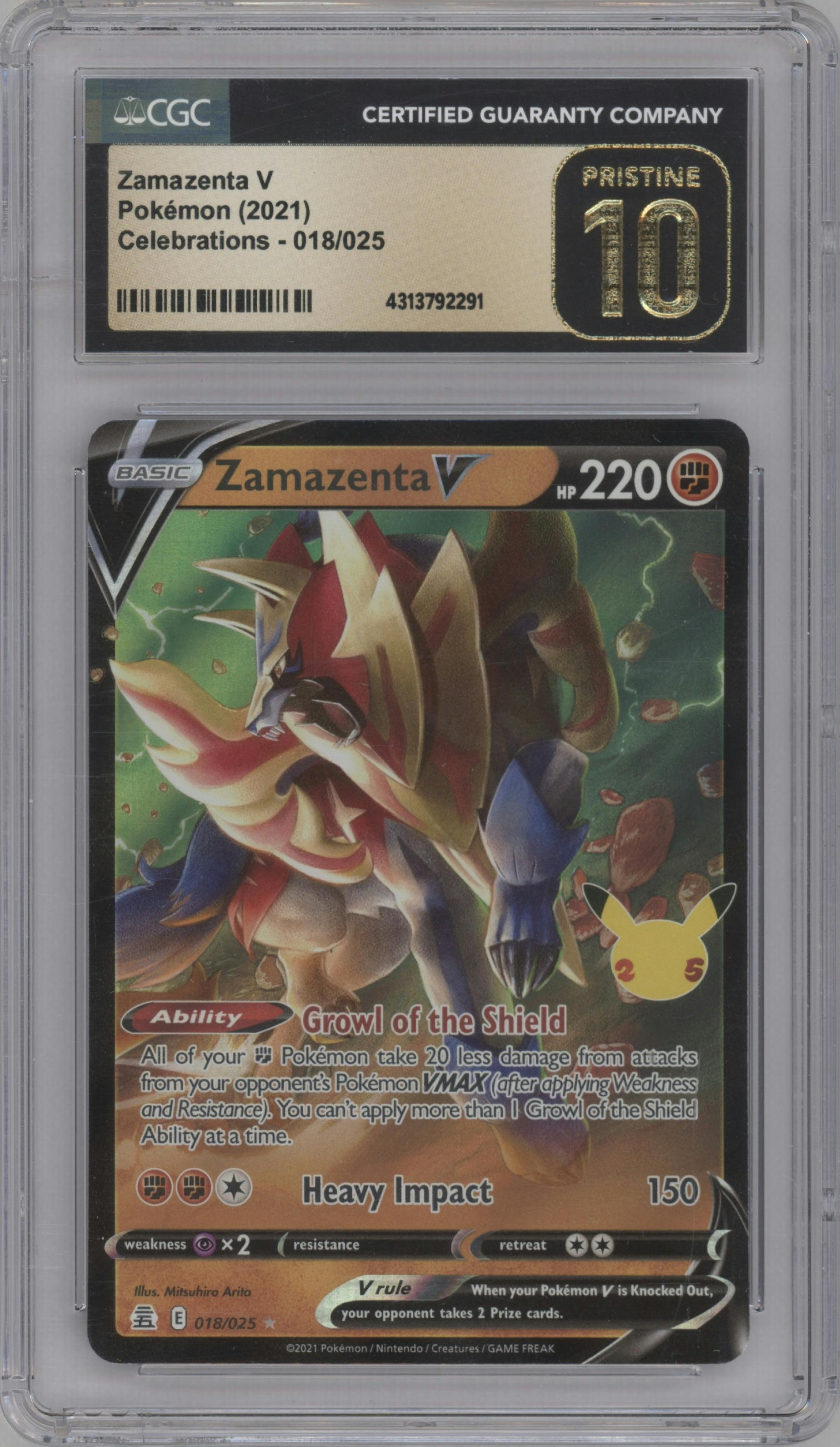 Zamazenta V from the 2021 Pokemon SWSH set graded by CSG and given an overall grade of 10.