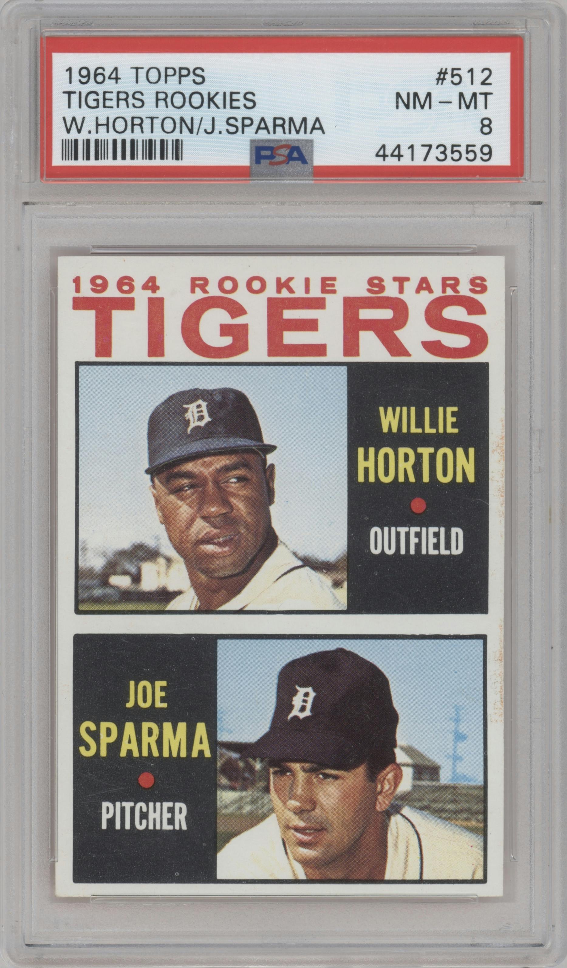 Willie Horton/Joe Sparma from the 1964 Topps set graded by PSA and given an overall grade of 8.
