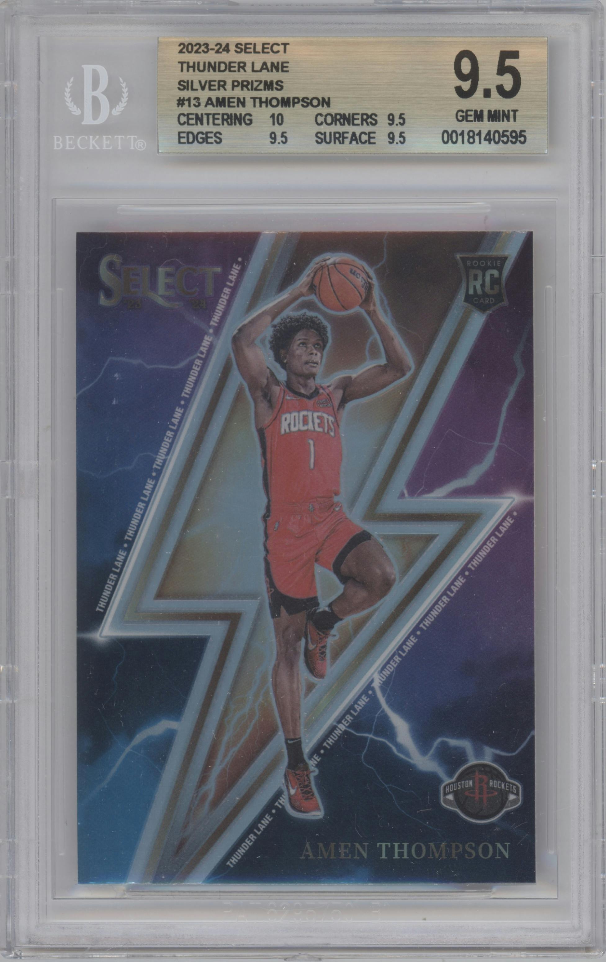 Amen Thompson from the 2023-24 Panini Select  set featuring a Silver Prizm parallel graded by Beckett and given an overall grade of 9.5.