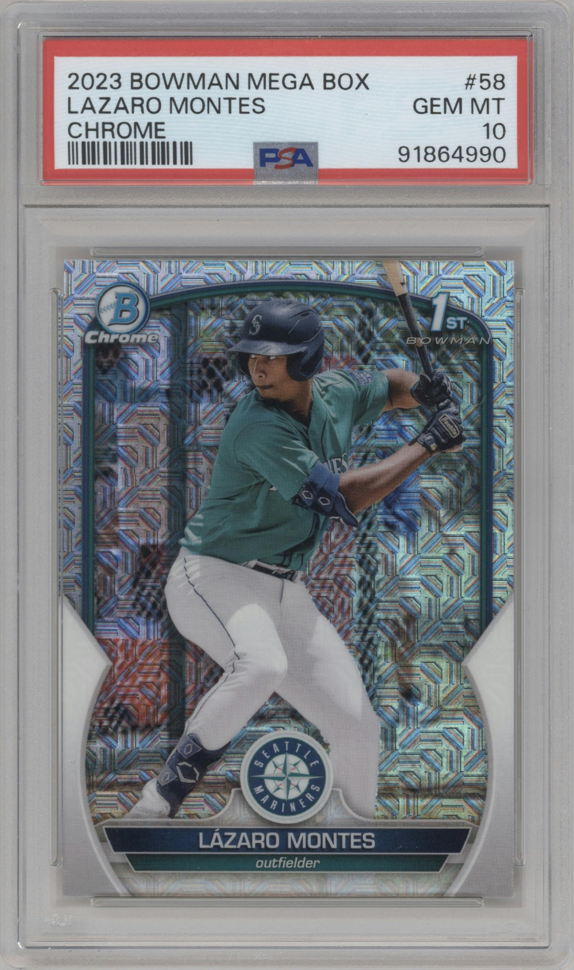 Lazaro Montes from the 2023 Bowman Mega Box set graded by PSA and given an overall grade of 10.