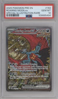 Roaring Moon ex from the 2025 Pokemon SV set graded by PSA and given an overall grade of 10.