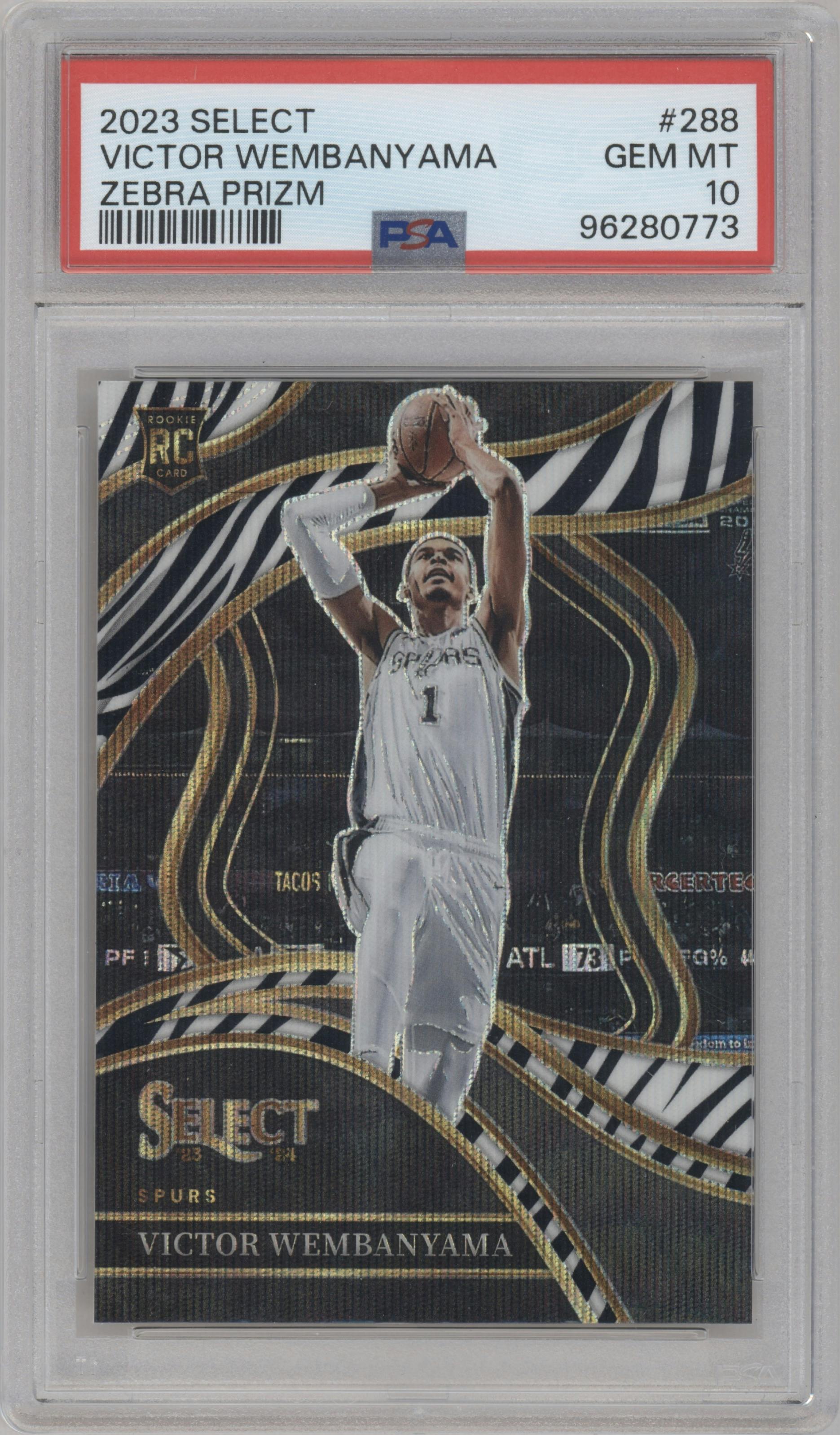 Victor Wembanyama from the 2023-24 Panini Select  set featuring a Zebra Prizm parallel graded by PSA and given an overall grade of 10.