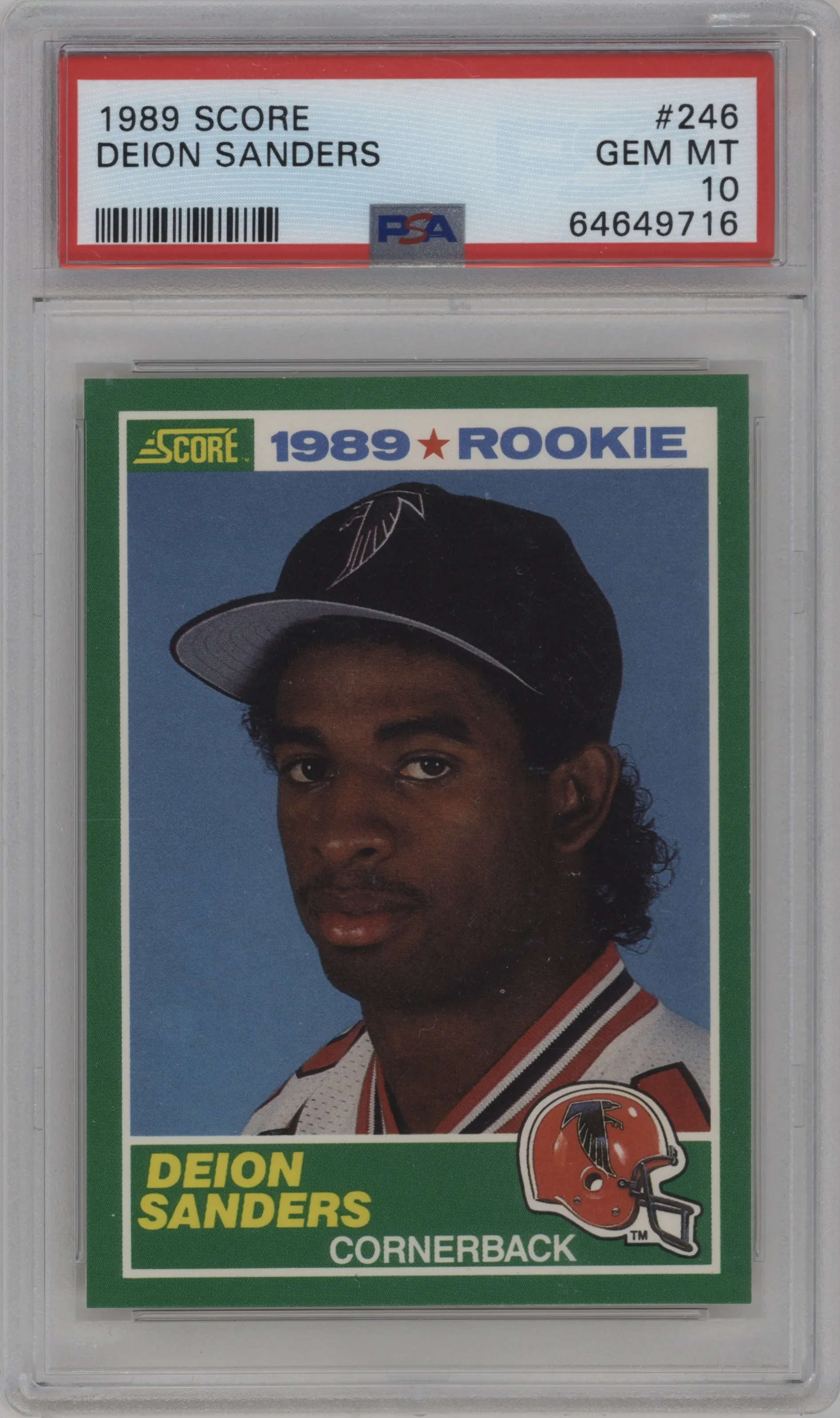 Deion Sanders from the 1989 Score set graded by PSA and given an overall grade of 10.