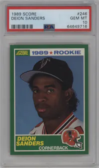 Deion Sanders from the 1989 Score set graded by PSA and given an overall grade of 10.