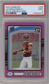 Jayden Daniels from the 2024 Donruss set featuring a Pink parallel graded by PSA and given an overall grade of 9.