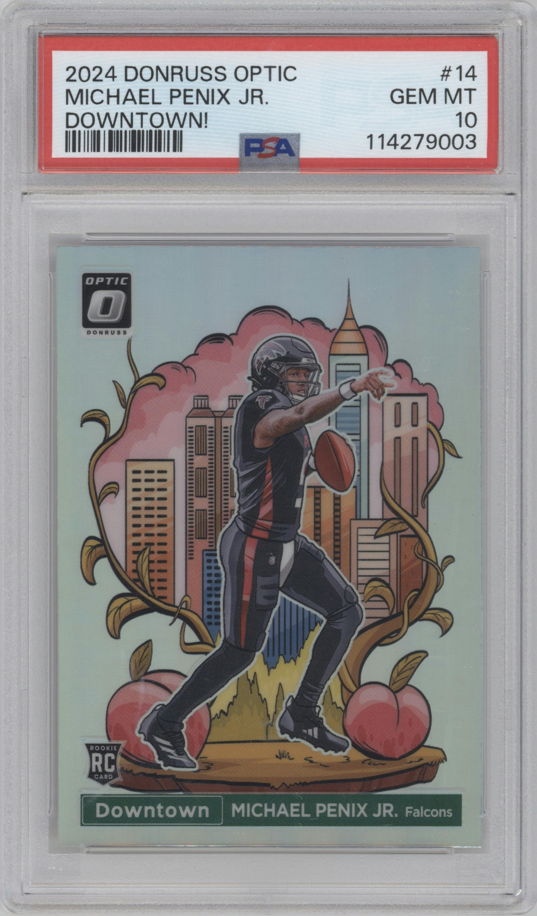 Michael Penix Jr. from the 2024 Donruss Optic set graded by PSA and given an overall grade of 10.