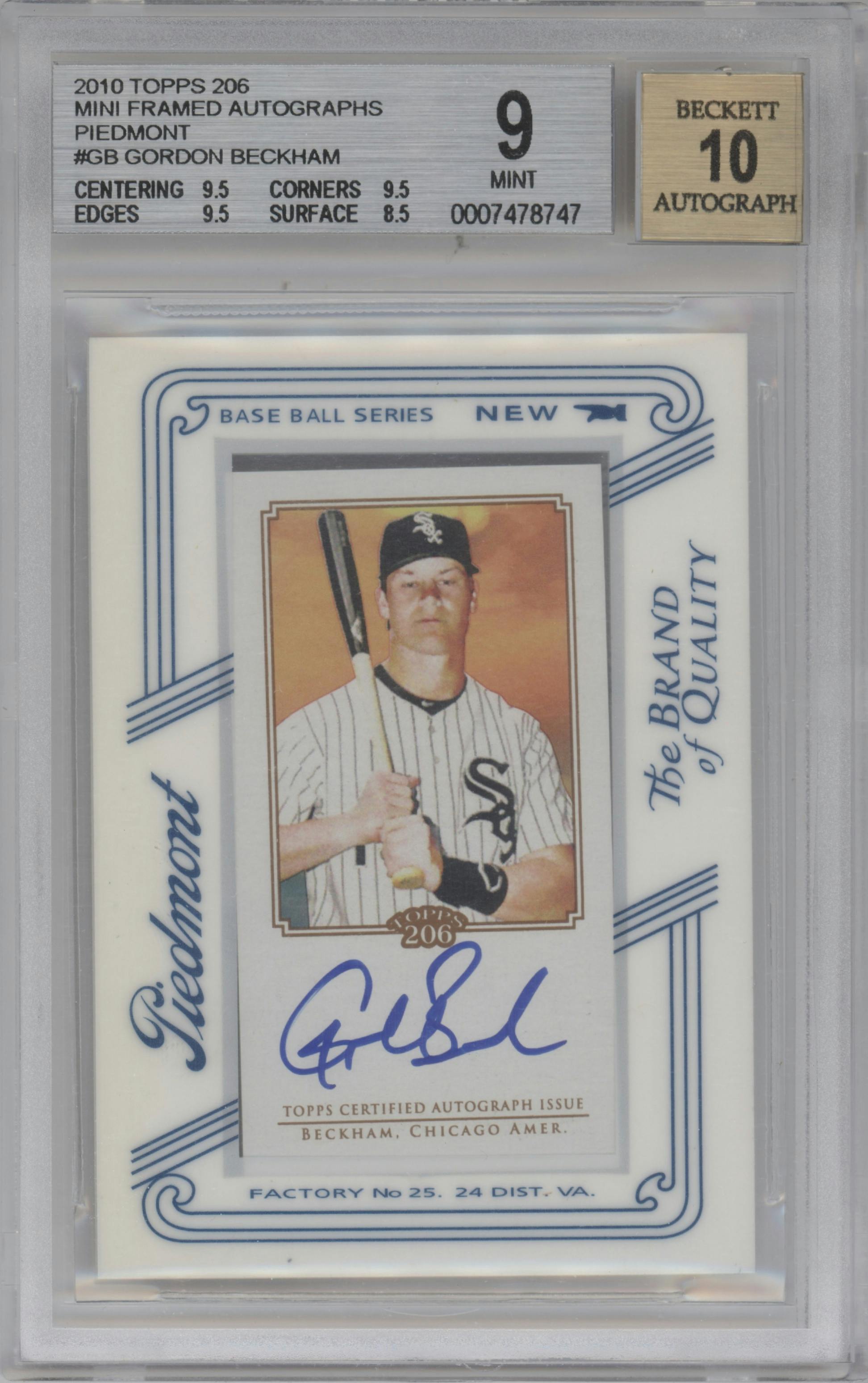 Gordon Beckham from the 2010 Topps 206 set featuring a Piedmont parallel graded by Beckett and given an overall grade of 9.