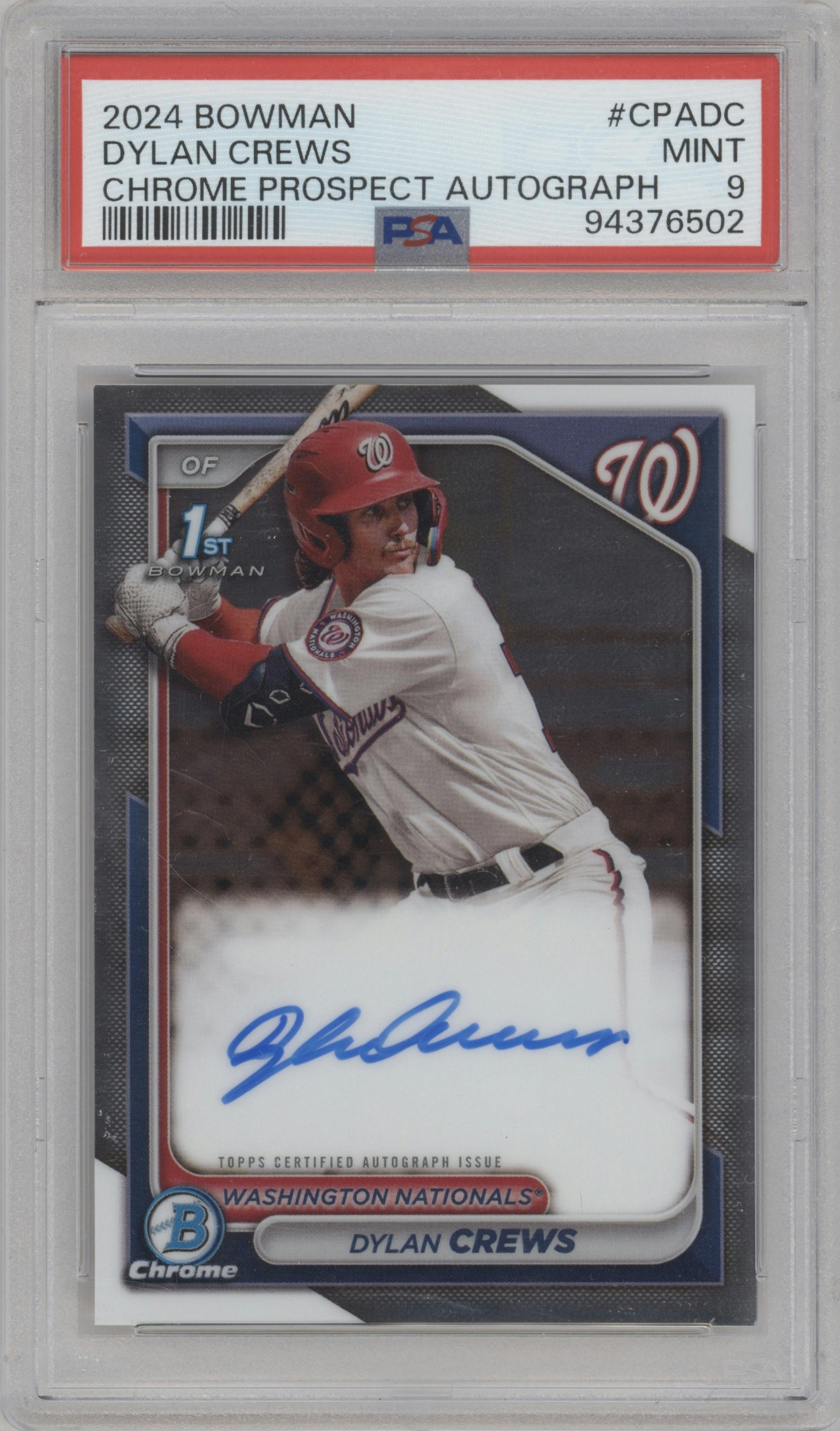 Dylan Crews from the 2024 Bowman set graded by PSA and given an overall grade of 9.