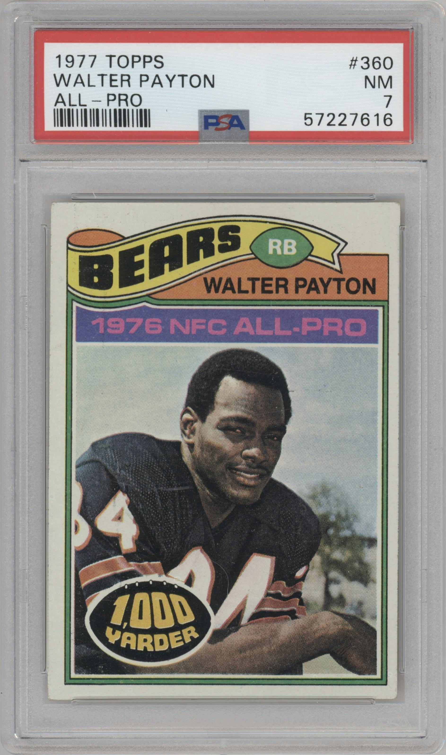 Walter Payton from the 1977 Topps set graded by PSA and given an overall grade of 7.