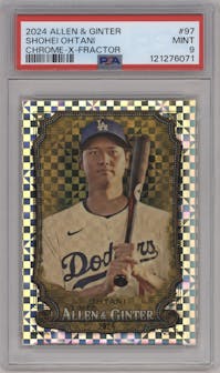 Shohei Ohtani from the 2024 Topps Allen & Ginter set featuring a X-Fractor parallel graded by PSA and given an overall grade of 9.