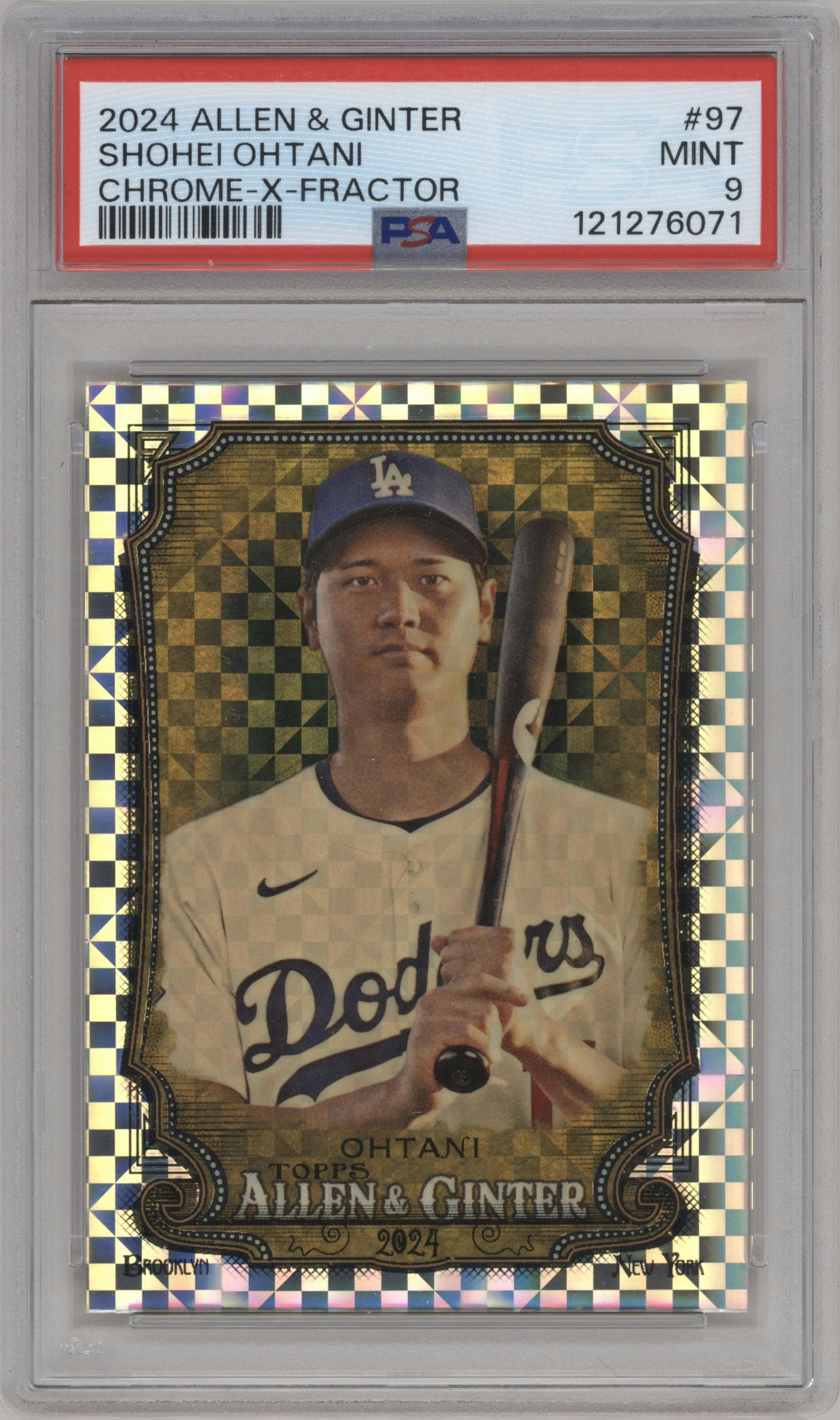 Shohei Ohtani from the 2024 Topps Allen & Ginter set featuring a X-Fractor parallel graded by PSA and given an overall grade of 9.