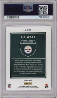 T.J. Watt from the 2021 Panini Donruss Optic set graded by PSA and given an overall grade of 10.