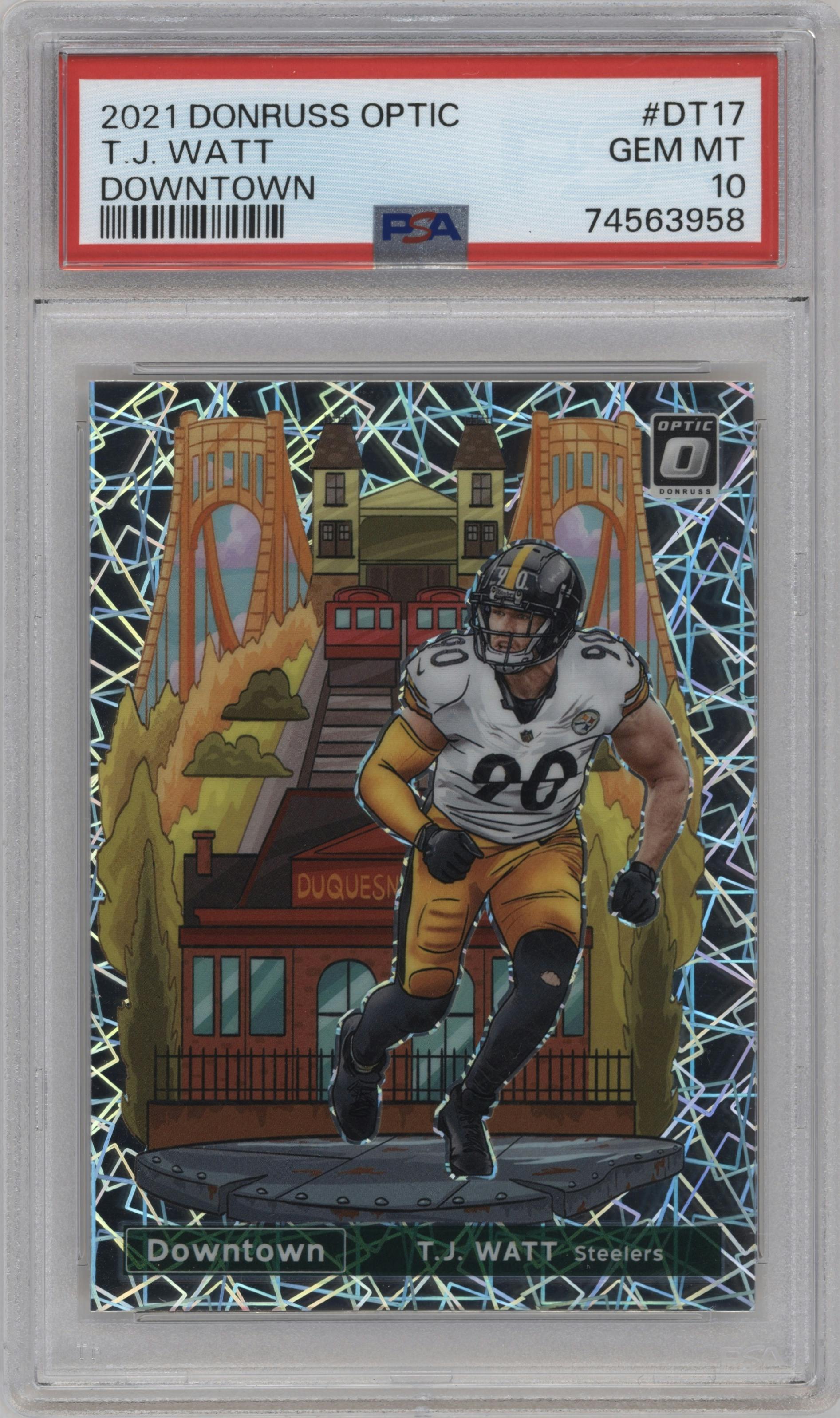 T.J. Watt from the 2021 Panini Donruss Optic set graded by PSA and given an overall grade of 10.