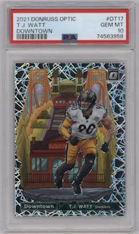 T.J. Watt from the 2021 Panini Donruss Optic set graded by PSA and given an overall grade of 10.