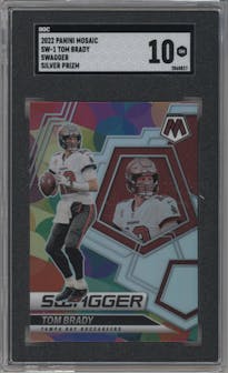 Tom Brady from the 2022 Panini Mosaic set featuring a Silver parallel graded by SGC and given an overall grade of 10.