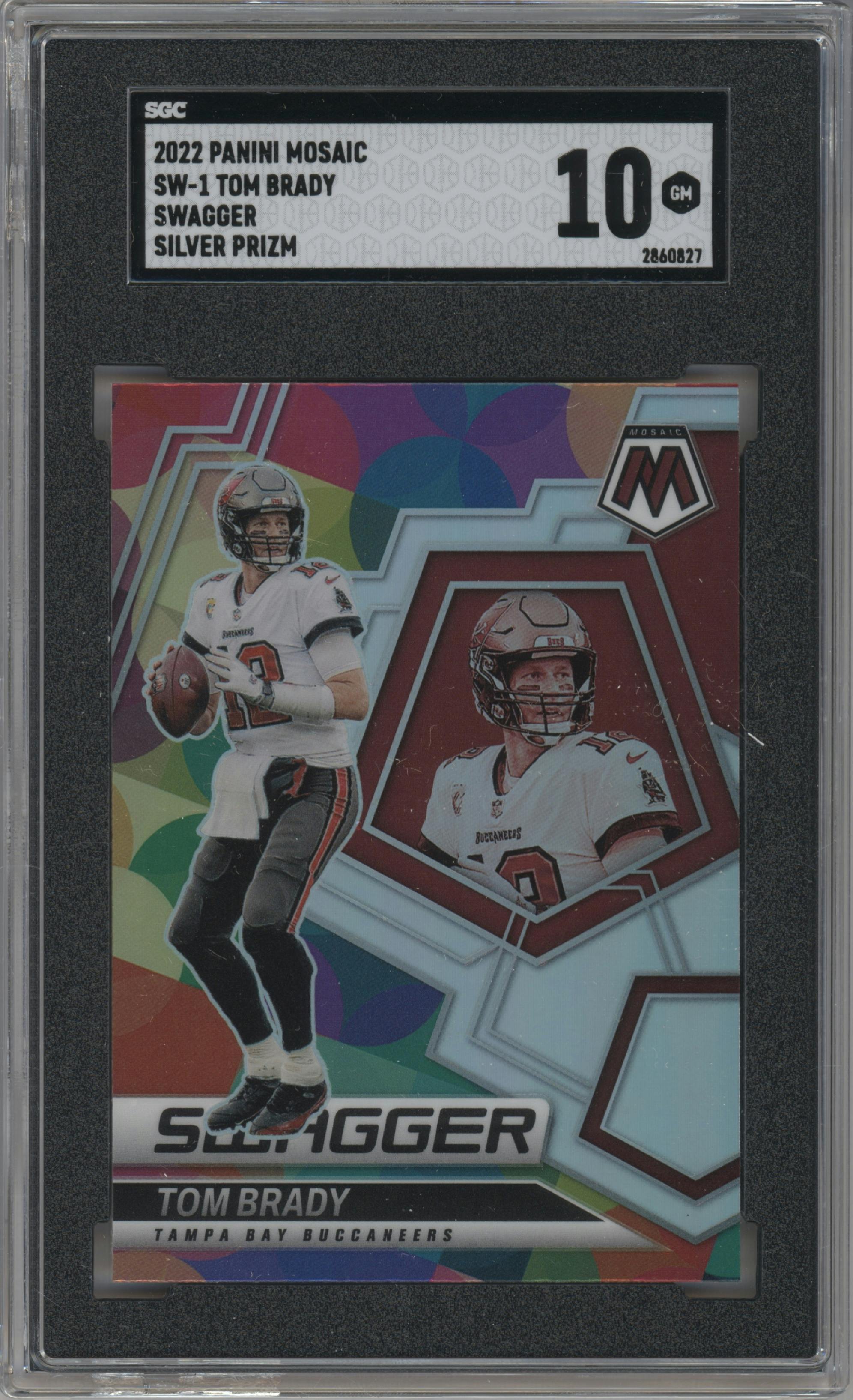 Tom Brady from the 2022 Panini Mosaic set featuring a Silver parallel graded by SGC and given an overall grade of 10.