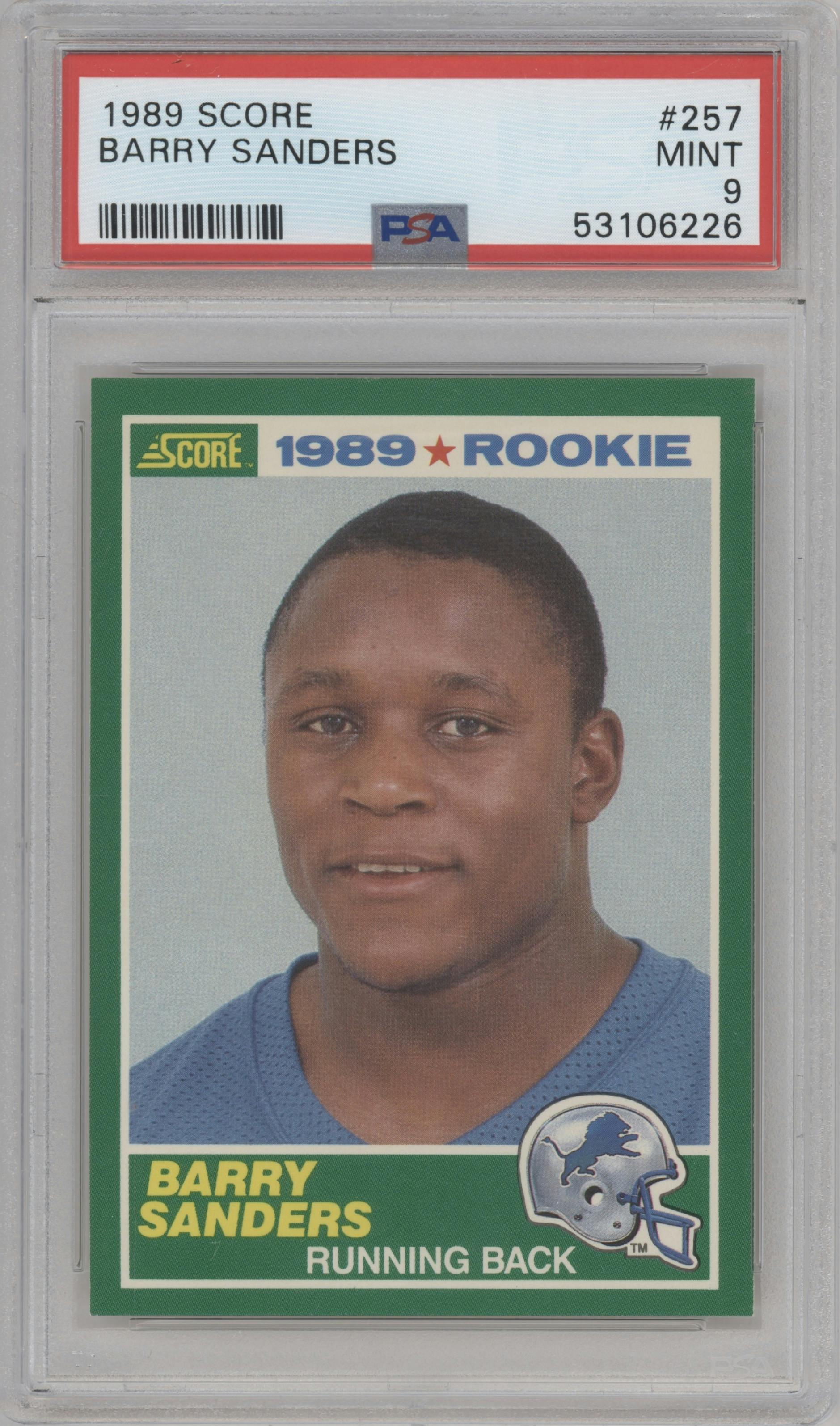 Barry Sanders from the 1989 Score set graded by PSA and given an overall grade of 9.