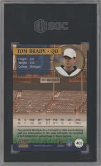 Tom Brady from the 2000 Pacific set graded by SGC and given an overall grade of 8.