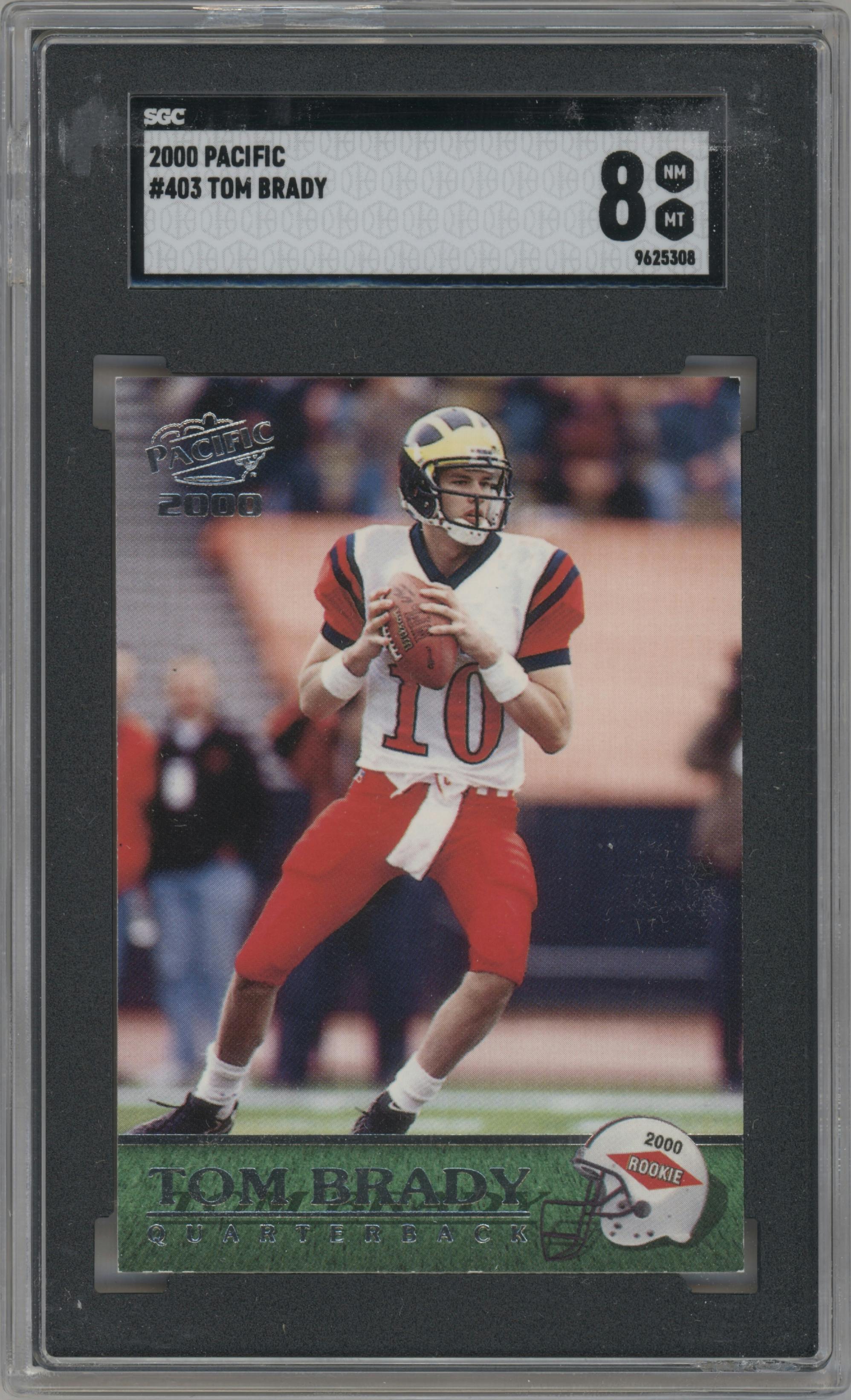 Tom Brady from the 2000 Pacific set graded by SGC and given an overall grade of 8.