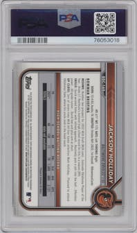 Jackson Holliday from the 2022 Bowman Draft set graded by PSA and given an overall grade of 10.