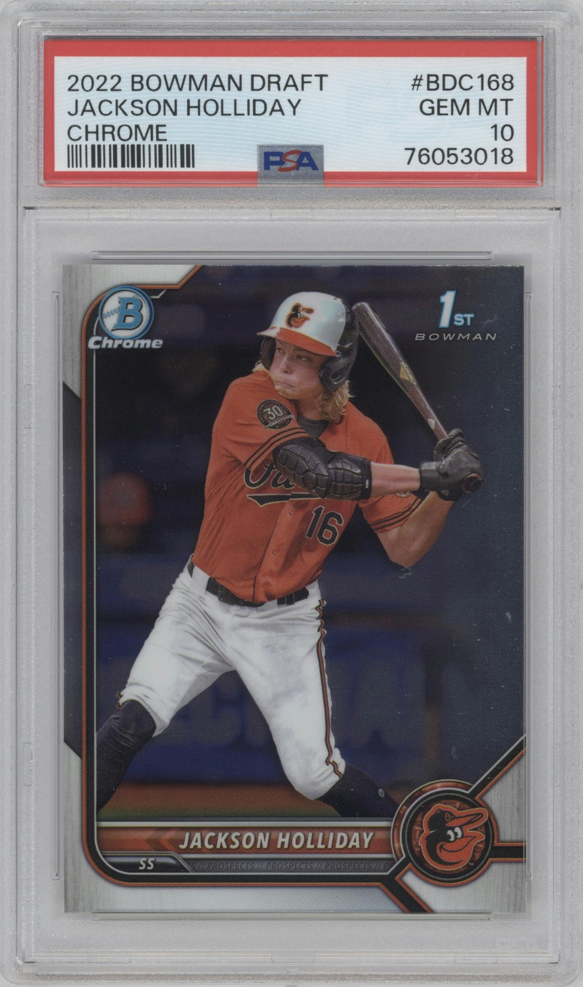 Jackson Holliday from the 2022 Bowman Draft set graded by PSA and given an overall grade of 10.