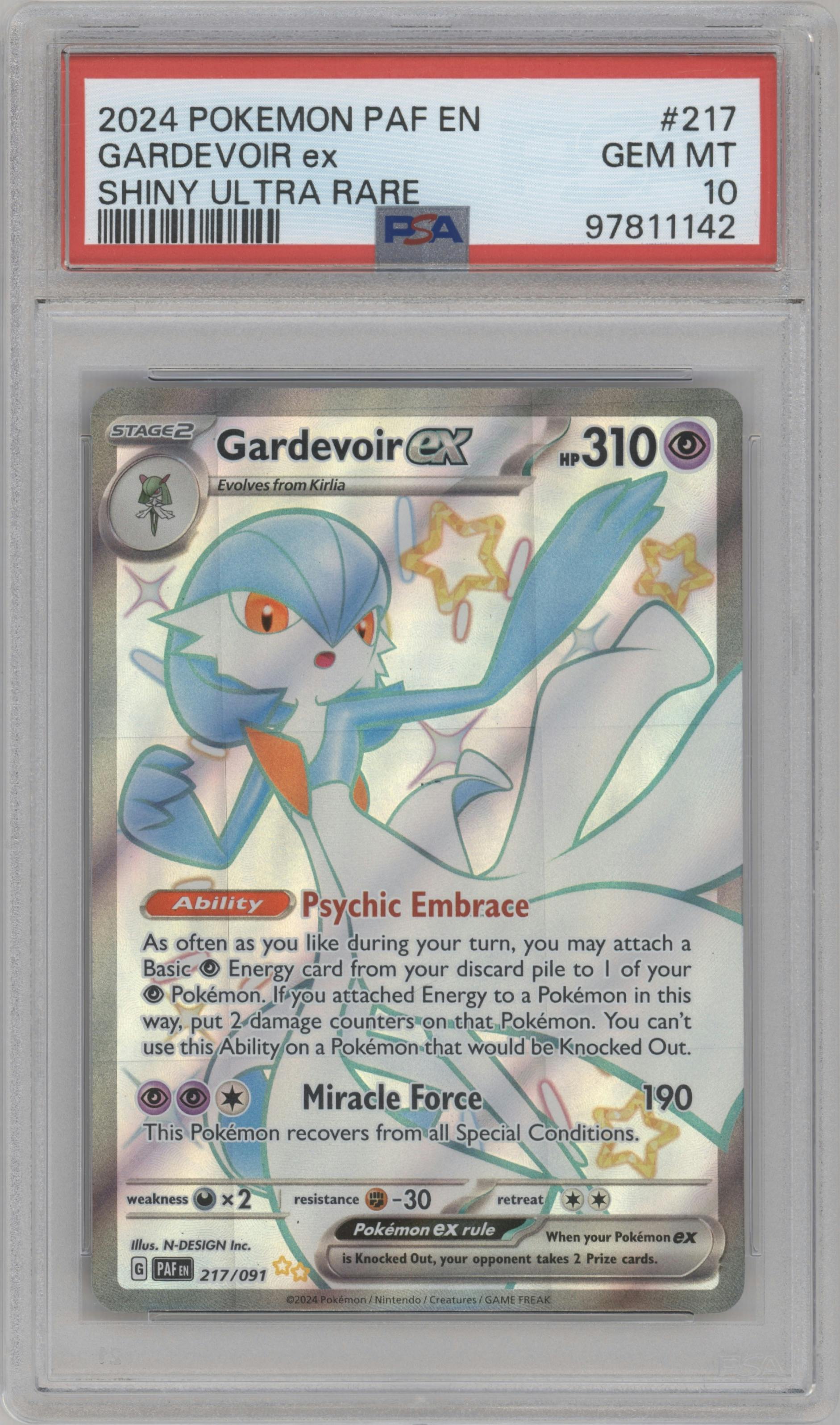 Gardevoir ex from the 2024 Pokemon SV set graded by PSA and given an overall grade of 10.