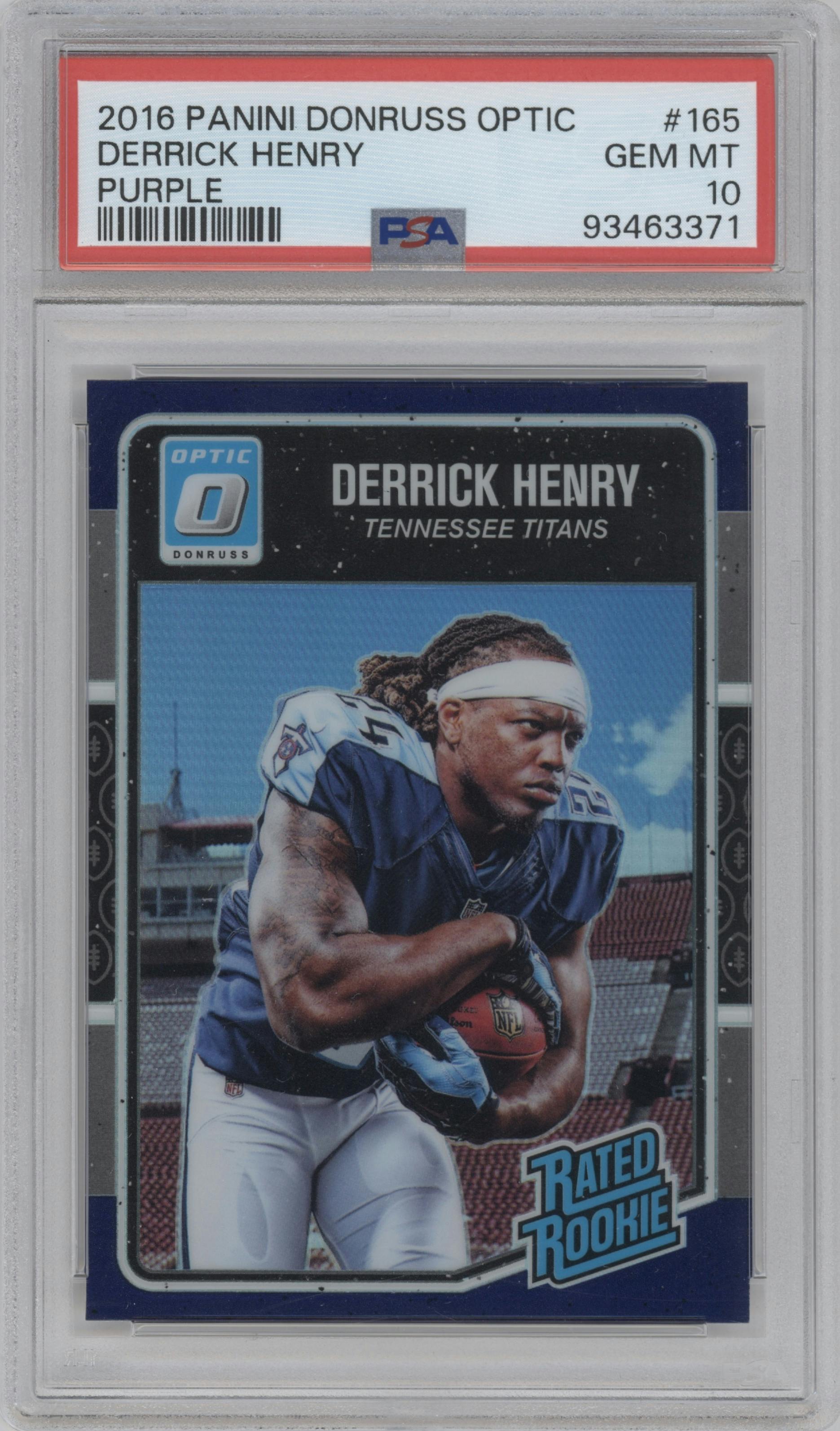 Derrick Henry from the 2016 Panini Donruss Optic set featuring a Purple parallel graded by PSA and given an overall grade of 10.