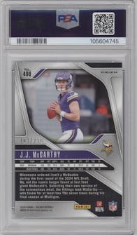 J.J. McCarthy from the 2024 Panini Prizm set featuring a Blue Wave Prizm parallel graded by PSA and given an overall grade of 9.