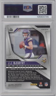 J.J. McCarthy from the 2024 Panini Prizm set featuring a Blue Wave Prizm parallel graded by PSA and given an overall grade of 9.