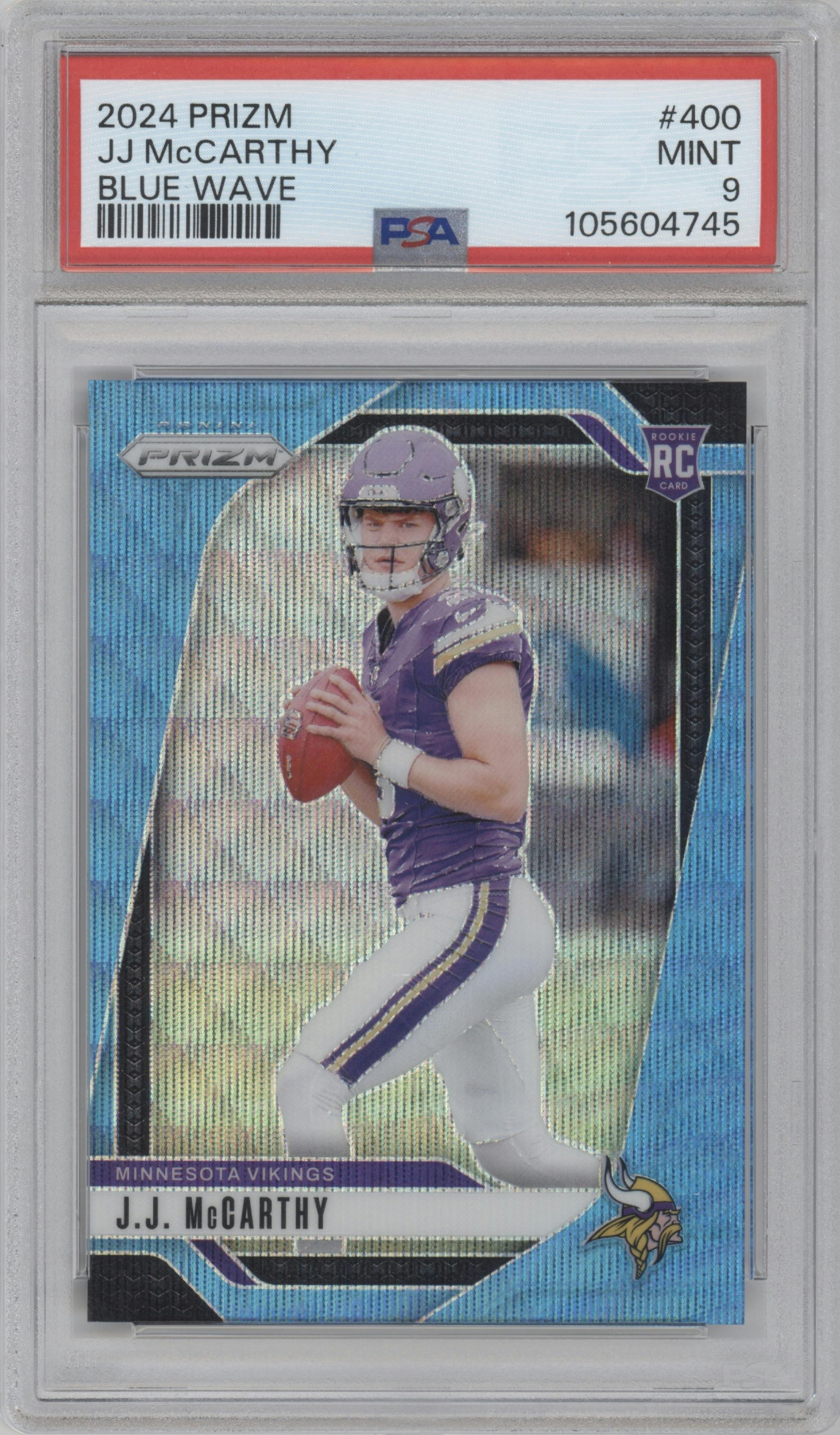 J.J. McCarthy from the 2024 Panini Prizm set featuring a Blue Wave Prizm parallel graded by PSA and given an overall grade of 9.