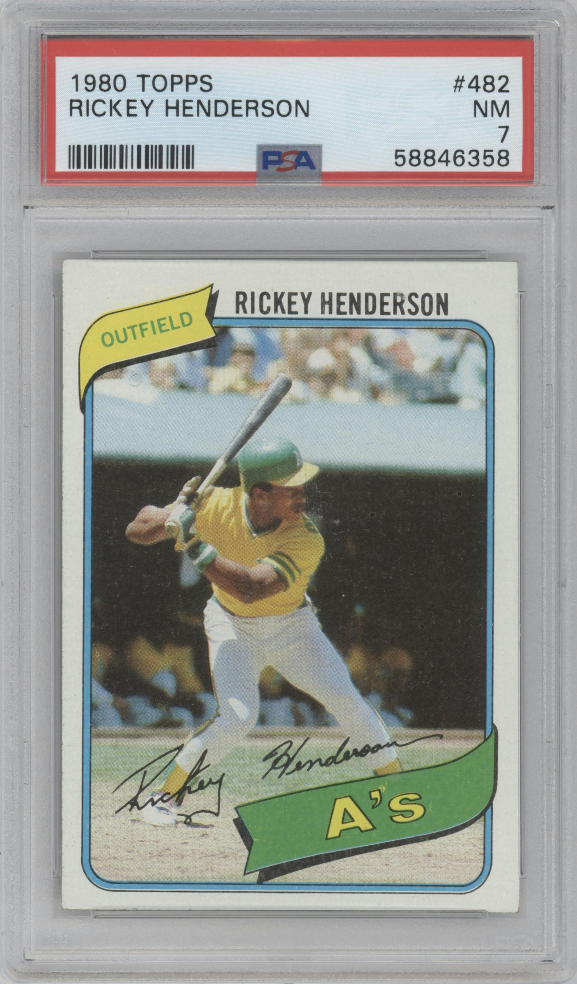 Rickey Henderson from the 1980 Topps set graded by PSA and given an overall grade of 7.