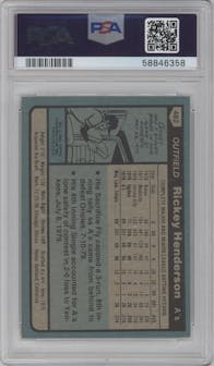 Rickey Henderson from the 1980 Topps set graded by PSA and given an overall grade of 7.