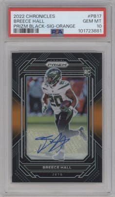 Breece Hall from the 2022 Panini Chronicles set featuring a Orange parallel graded by PSA and given an overall grade of 10.