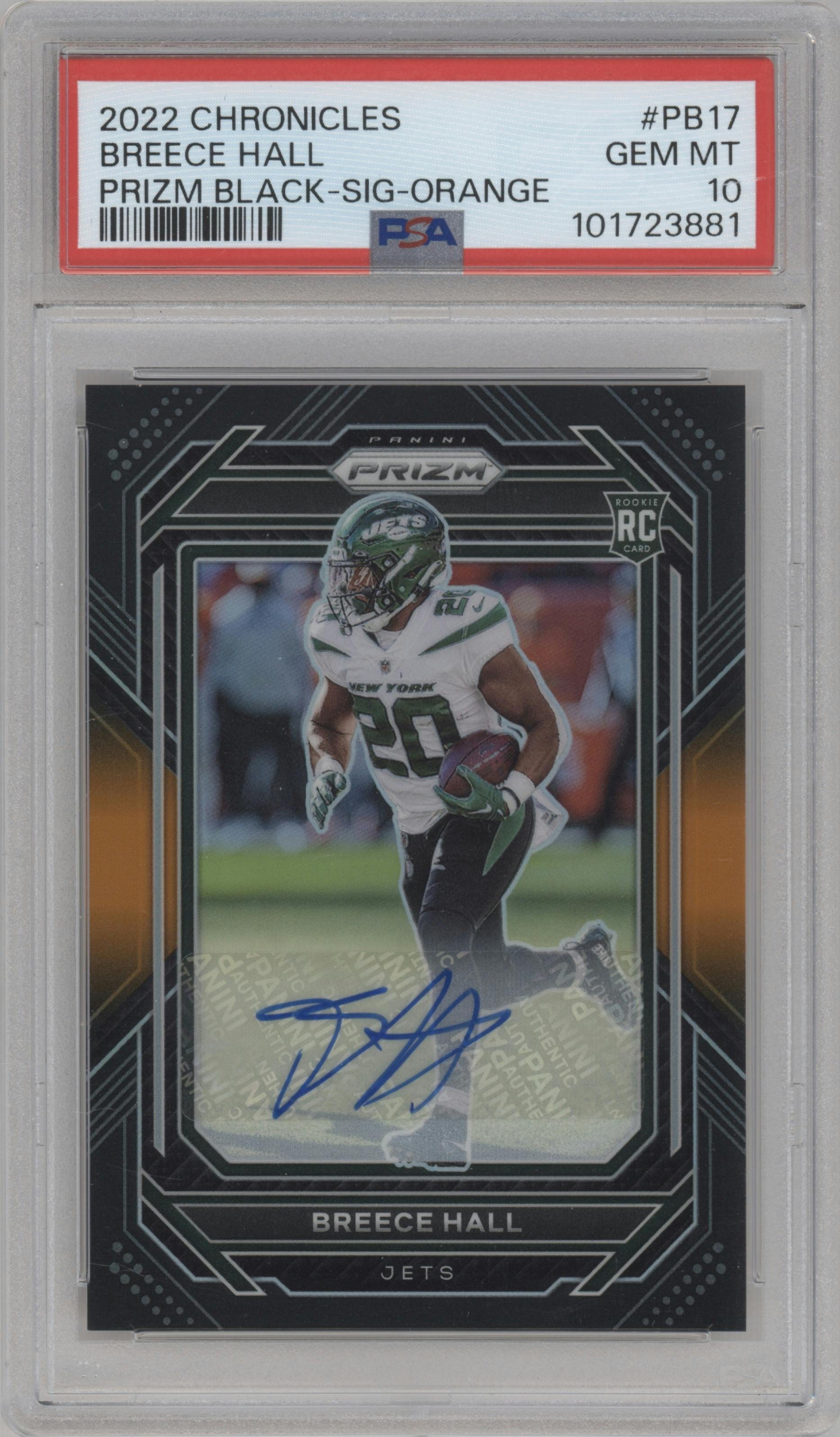 Breece Hall from the 2022 Panini Chronicles set featuring a Orange parallel graded by PSA and given an overall grade of 10.