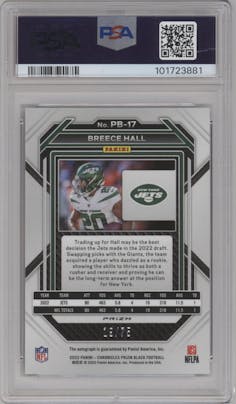 Breece Hall from the 2022 Panini Chronicles set featuring a Orange parallel graded by PSA and given an overall grade of 10.