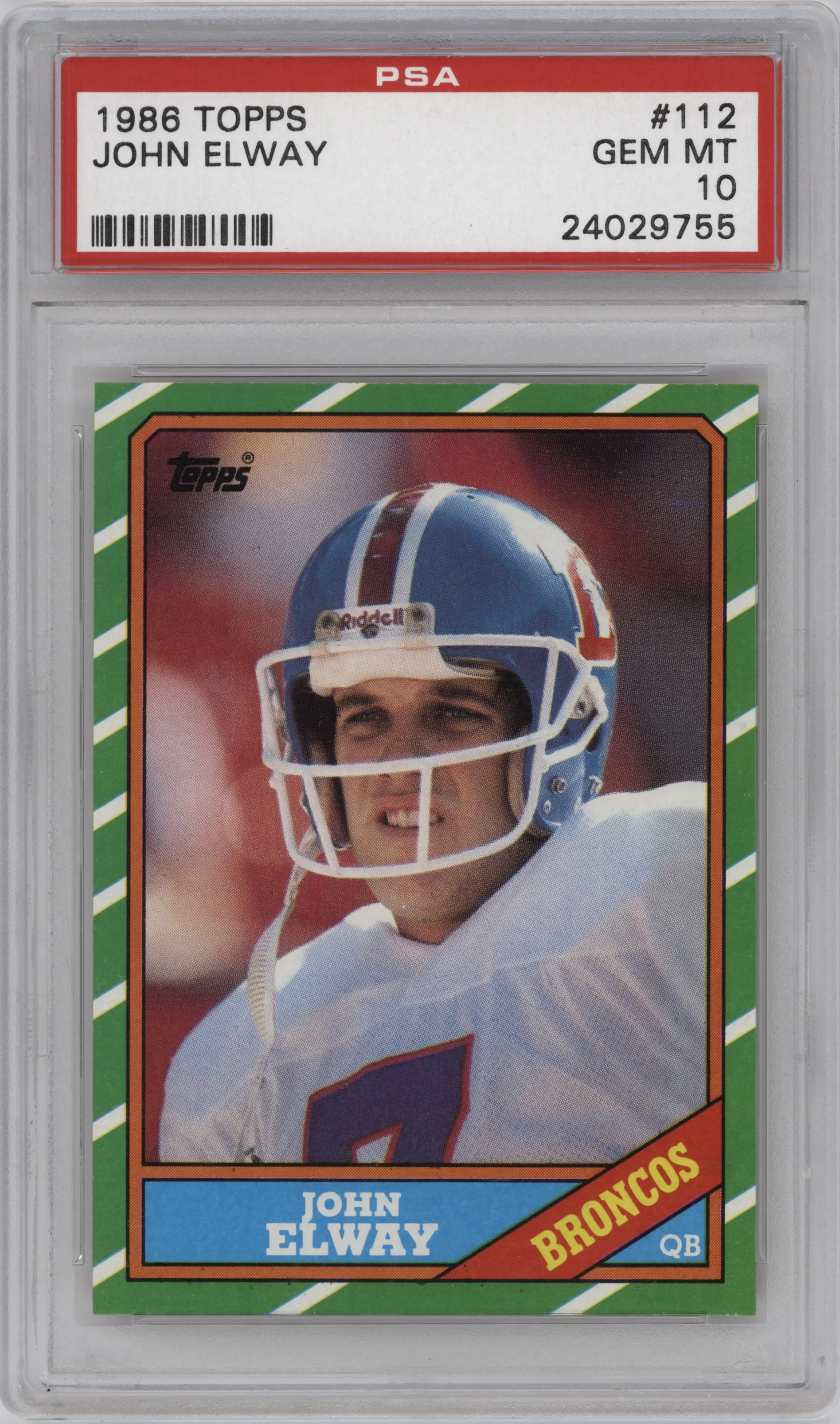 John Elway  from the 1986 Topps set graded by PSA and given an overall grade of 10.