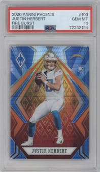 Justin Herbert from the 2020 Panini Phoenix set featuring a Fire Burst parallel graded by PSA and given an overall grade of 10.