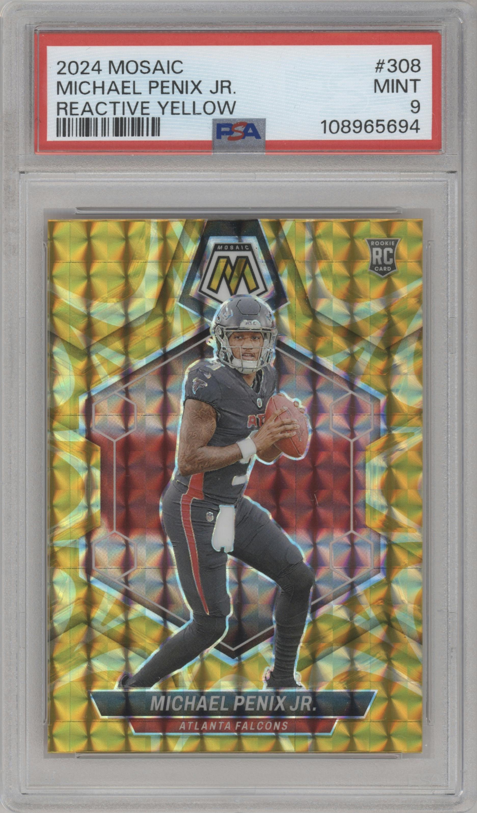Michael Penix Jr. from the 2024 Panini Mosaic set featuring a Reactive Yellow parallel graded by PSA and given an overall grade of 9.