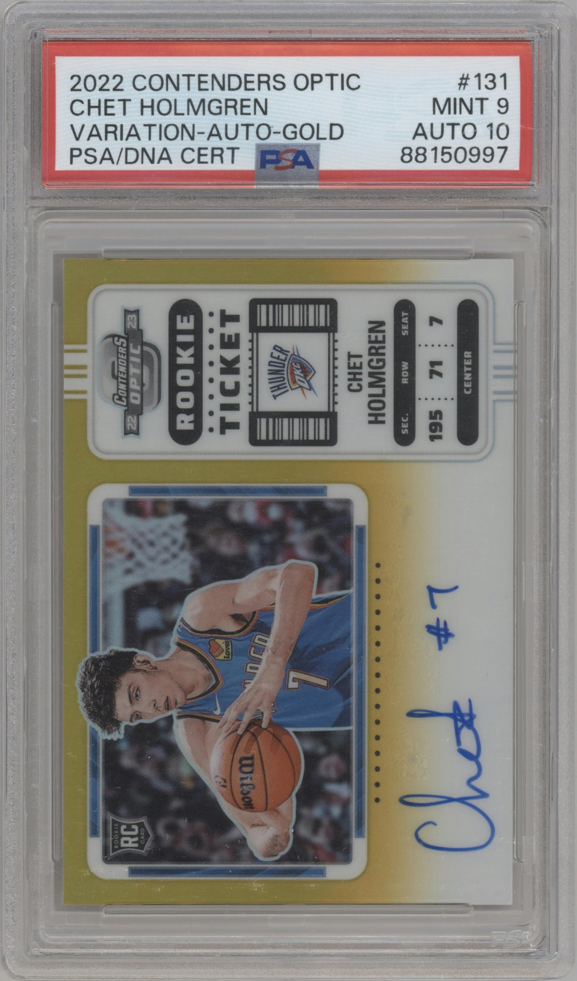 Chet Holmgren from the 2022-23 Panini Contenders Optic set featuring a Gold parallel graded by PSA and given an overall grade of 9.
