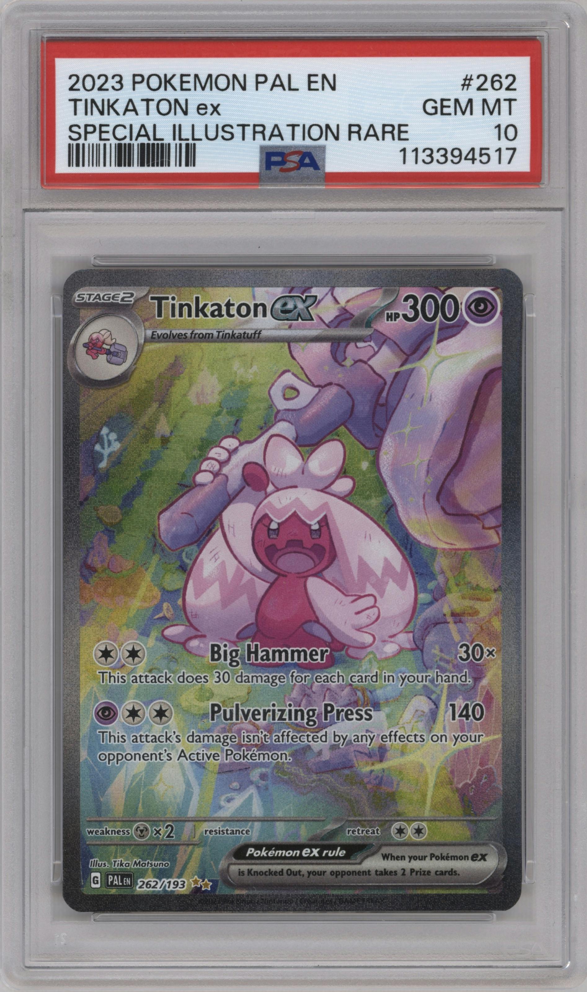 Tinkaton ex from the 2023 Pokemon SV set graded by PSA and given an overall grade of 10.