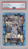 Brock Purdy from the 2023 Panini Prizm set featuring a Blue Ice parallel graded by PSA and given an overall grade of 10.