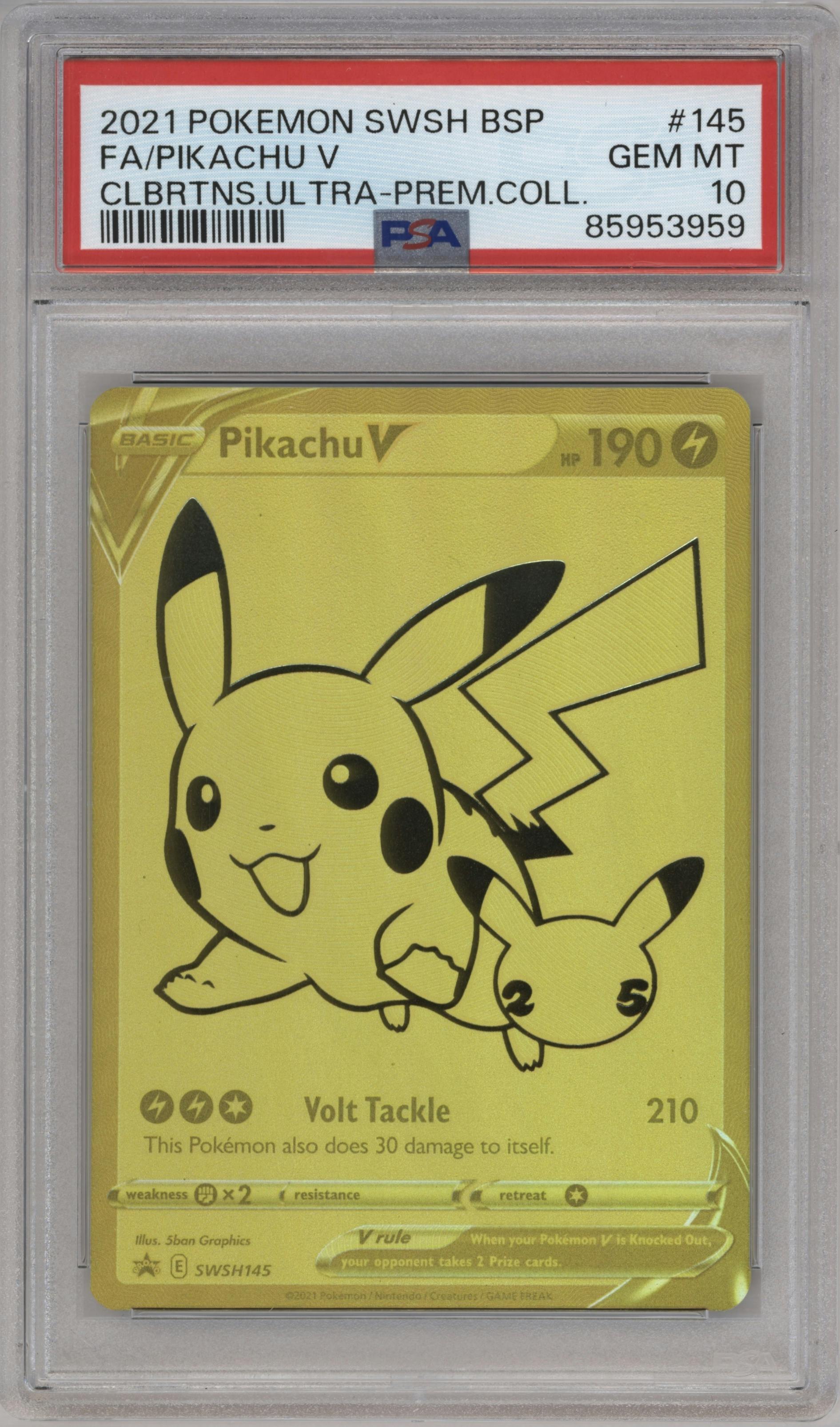 Pikachu V from the 2021 Pokemon SWSH set featuring a Celebrations Ultra Premium Collection parallel graded by PSA and given an overall grade of 10.